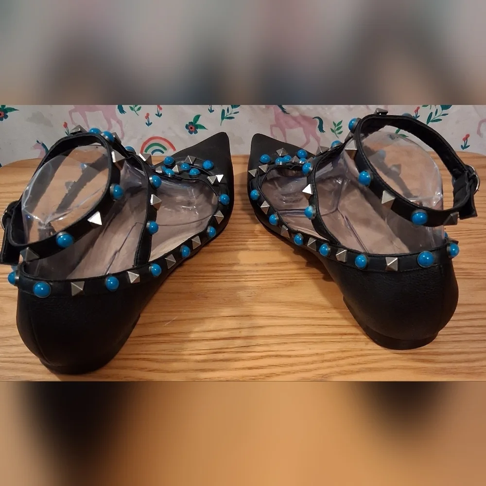 EUC Valentino Garavani Rockstud Rolling Turquoise Stud Espadrille Flat SZ 8.5 39